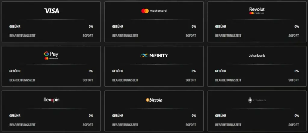 Einige der verfügbaren Zahlungsmethoden aufgelistet.