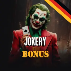 Die Joker-Figur, die eine Karte hinter dem Jokery-Logo hält
