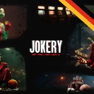Animierte Joker-Figuren und das Jokery Casino-Logo in der Mitte