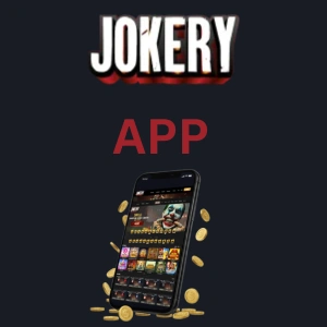 Jokery-App-Werbung mit einem Smartphone, das die Spieloberfläche der App zeigt, umgeben von Münzen.
