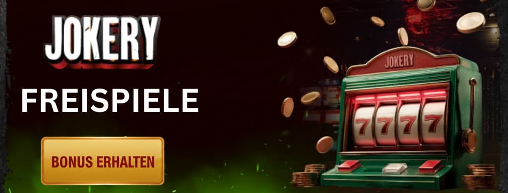 Werbebild für Freispiele der Jokery-App, mit einer Slot-Maschine, Münzen und dem Label „Freispiele“, das deutlich angezeigt wird.