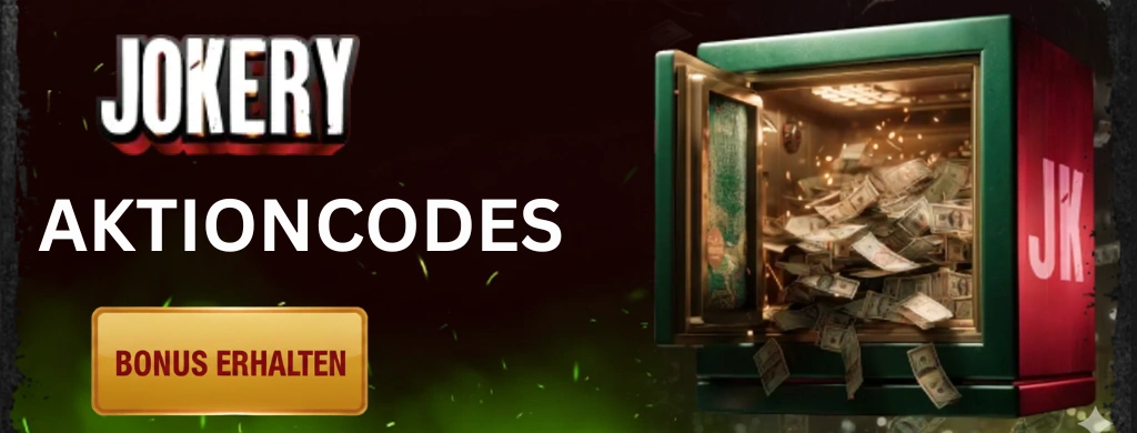 Banner für Jokery App, das den Text "Freispiele" in großen Buchstaben anzeigt, begleitet von einem grünen Spielautomaten und fallenden Münzen.