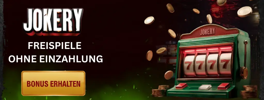 Werbebild für die No Deposit Free Spins der Jokery-App, mit einer Slot-Maschine und Münzen sowie einem Free Spins-Label.