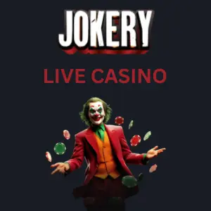 Jokery Casino-Logo über einem Bild eines Jokers in rotem Anzug mit Live-Casino-Text darunter.